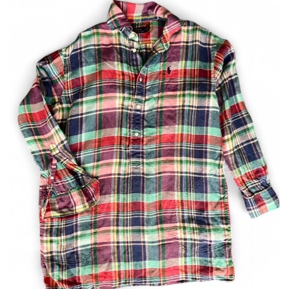 Polo Ralph Lauren Linen Madras Plaid Tunic Shirt Dress Cover Up Size 4 Coastal - Picture 7 of 16